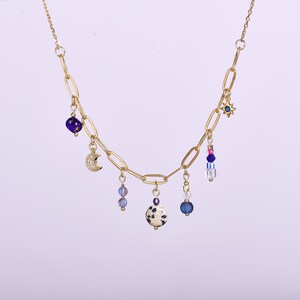 Beaded Charm Statement Necklace: Gold Moon & Star Dangles