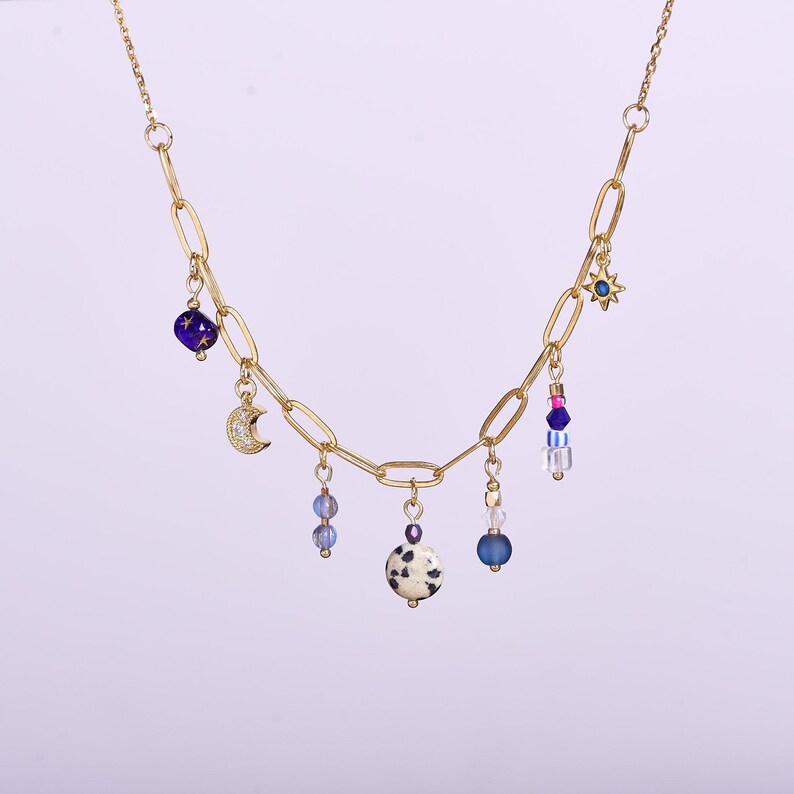 Beaded Charm Statement Necklace: Gold Moon & Star Dangles