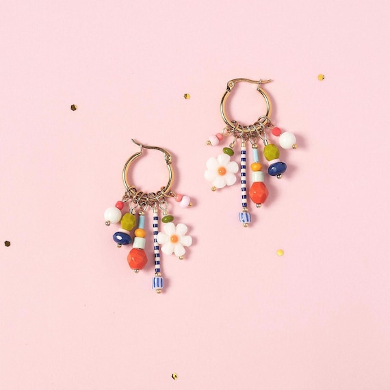 Tiny flower Charm hoop Earrings - Boho Jewelry - Colorful Mother of Pearl Daisy Flower Fun and colorful hoops Earrings