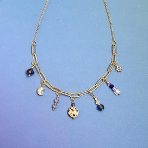 Beaded Charm Statement Necklace: Gold Moon & Star Dangles