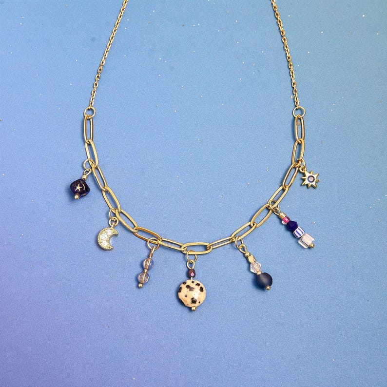 Beaded Charm Statement Necklace: Gold Moon & Star Dangles