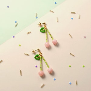 Cherry Dangle Earrings: Rose Quartz, Czech Glass Beads