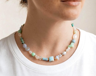 Seafoam Green Gemstone Necklace, Chunky Beaded Jade Amazonite Pearl Choker, Stainless Steel Boho Jewelry, Statement Gift for Her