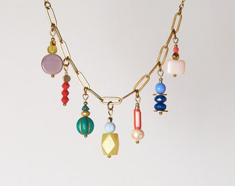 Colorful Statement  Necklace with Multiple Natural Stone Charms - NCL017