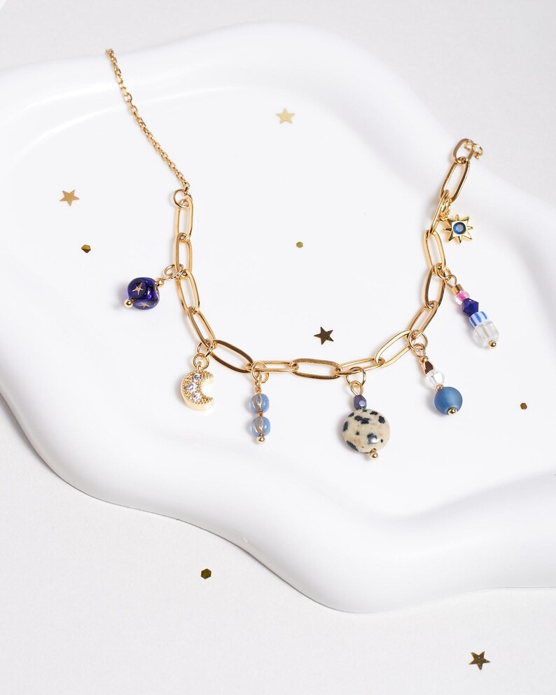 Multi Charm Halskette Gold Mond & Stern baumelt mit vergoldeter Clip-Kette Bild 6