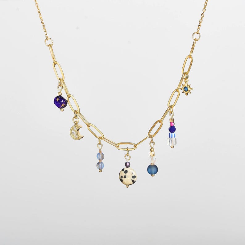 Multi Charm Halskette Gold Mond & Stern baumelt mit vergoldeter Clip-Kette Bild 3