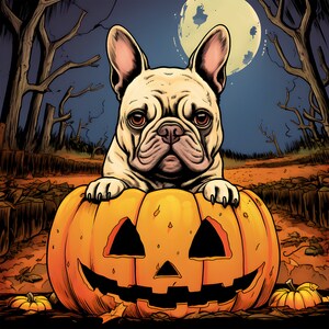 Digital Art - Halloween Frenchie in a jack-o-lantern, French Bulldog, 4096x4096 pixels.
