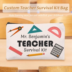 Personalized White Teacher Survival Kit Bags, End of Year Teacher Gift, Gift Favor for Teacher, Pencil Pouch, Custom School Bags with Name