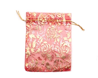 100 pcs Gold Rose Organza Bags, Wedding Favor Bag with Drawstring, Jewelry Pouch Party Gift Bag Candy Bag