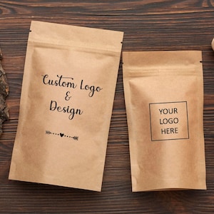 Sacchetti di carta Kraft personalizzati da 50 pezzi, buste marroni personalizzate con chiusura a cerniera, sacchetti per imballaggio autoportanti con foglio interno, sacchetti riutilizzabili per alimenti