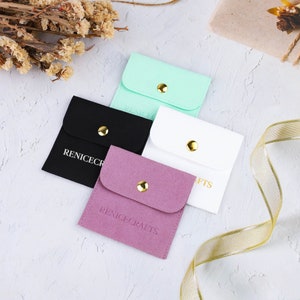 50 PCS Golden Button Jewelry Bag, Personalized Multi-color Microfiber Packaging Bags, Custom LOGO Debossing Printing Pouch for Wedding Gift