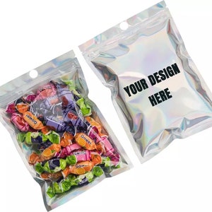 Bolsas holográficas resellables personalizadas con arcoíris, bolsas con cierre hermético de lámina metalizada personalizadas con su logotipo/texto, bolsas transparentes para almacenar alimentos