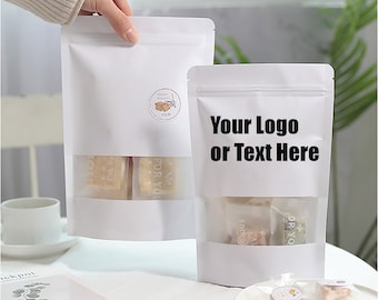 50 pcs Custom Kraft Pouches With Logo, Personalized Resealable Stand Up Bags with Window for Wedding Favor, Coffee Bag, Multiple Usage