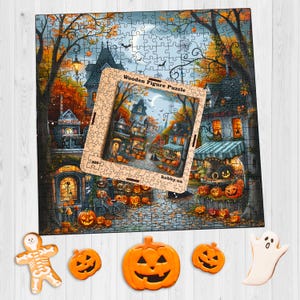 Halloween Cityscape Puzzle Art, Wooden Pumpkin And Ghost Fall Puzzles, Gothic Autumn Party Games, Scary Jigsaw Puzzle
