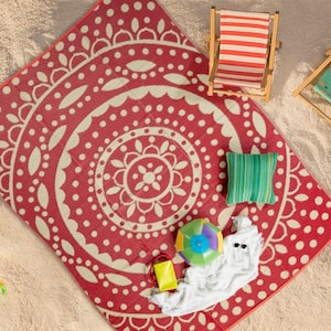 Red and Beige, Outdoor Rug, Plastic Straw Rug, Foldable Camping Mat, Reversible Camper Rug, Waterproof Picnic Rug, Van Life Must Have Rug