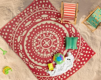 Red and Beige, Outdoor Rug, Plastic Straw Rug, Foldable Camping Mat, Reversible Camper Rug, Waterproof Picnic Rug, Van Life Must Have Rug