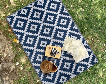 Navy Blue Aztec Outdoor Rug, Camping Mat, Plastic Straw Patio Rug, Southwestern Geometric Rug, RV Beach Picnic Mat, Boho Outdoor Decor
