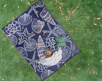 Coastal Outdoor Rug, Navy Blue Beach Mat, Plastic Straw Rug, Seashell Patio Mat, Starfish Deck Rug, Waterproof Balcony, Reversible RV Mat