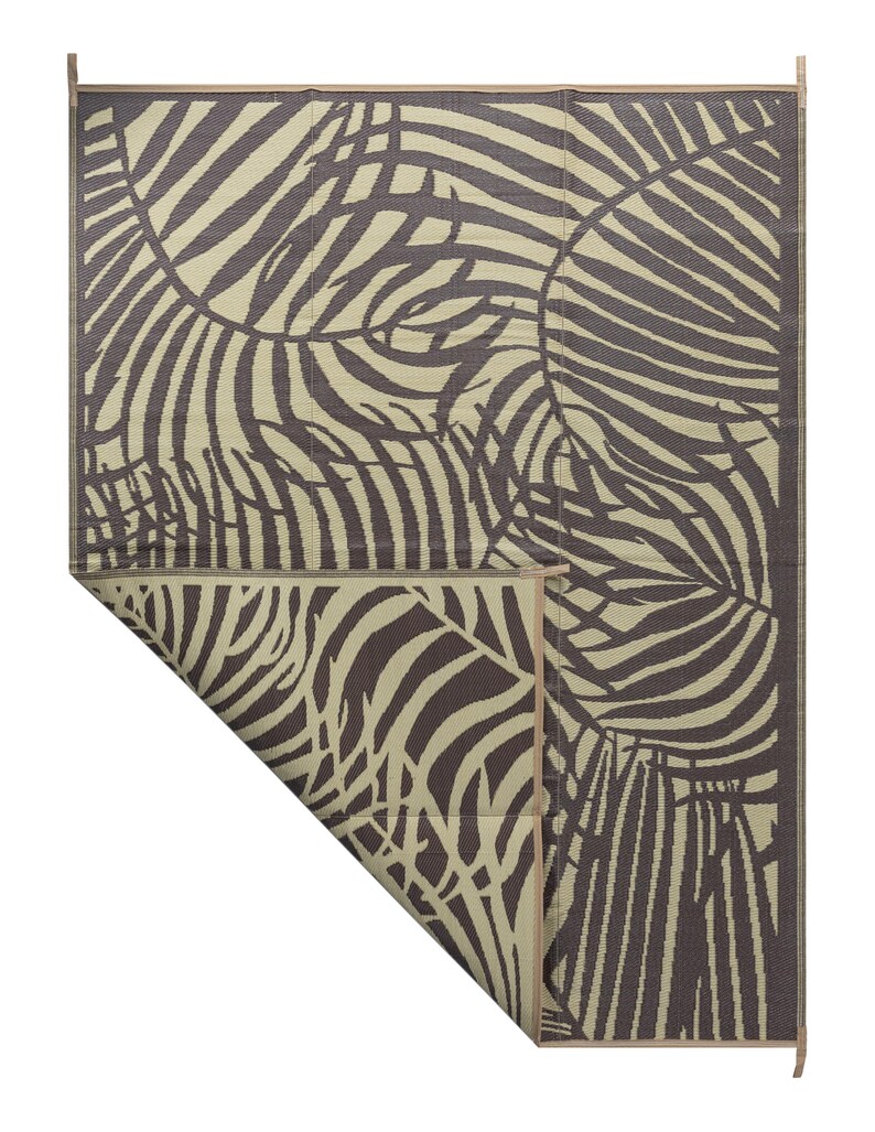 May include: A brown and beige outdoor rug with a tropical leaf pattern. The rug is made of woven plastic and has a fringed edge.