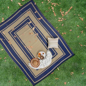 Beige and Dark Blue, Outdoor, Plastic Straw Rug, Foldable Camping Mat, Reversible Camper Rug, Waterproof Picnic Rug, Van Life Must Have Rug