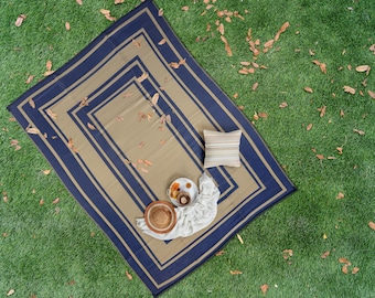 Beige and Dark Blue, Outdoor, Plastic Straw Rug, Foldable Camping Mat, Reversible Camper Rug, Waterproof Picnic Rug, Van Life Must Have Rug