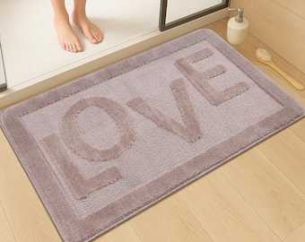 Liebe Badematte, ästhetischer Badteppich, minimalistisches Badezimmer, geprägte Badematte, Typografie Teppich, getufteter waschbarer Teppich, niedliches Badezimmerdekor