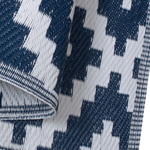 May include: A close-up of a blue and white checkered outdoor rug. The rug is made of woven plastic and has a textured surface.