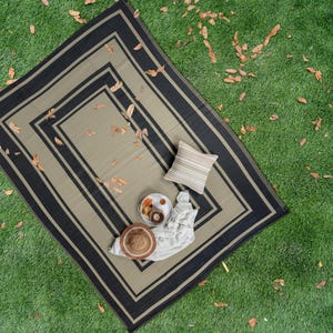 Black and Beige, Outdoor Rug, Plastic Straw Rug, Foldable Camping Mat, Reversible Camper Rug, Waterproof Picnic Rug, Van Life Must Have Rug