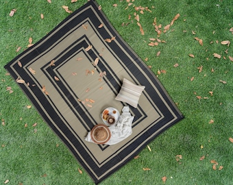 Black and Beige, Outdoor Rug, Plastic Straw Rug, Foldable Camping Mat, Reversible Camper Rug, Waterproof Picnic Rug, Van Life Must Have Rug