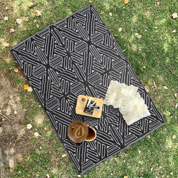 Black and White Rug, Outdoor Patio Rug, Plastic Straw Mat, Geometric Aztec Rug, Boho Balcony Decor, Waterproof Deck Rug, RV Camping Mat