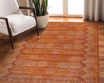 Oranje vintage vloerkleed, vervaagd oosters patroon, boho-tapijt met verweerde look voor woonkamer en slaapkamer