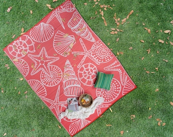 Coral Outdoor Rug, Pink Beach Blanket, Plastic Straw Rug, Seashell Patio Mat, Starfish Deck Rug, Waterproof Balcony, Reversible RV Mat