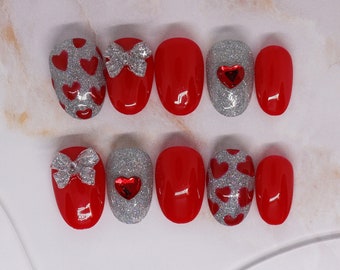 Valentine's Day Press On Nails: Red, Silver, and Glitter Handmade Short Nails