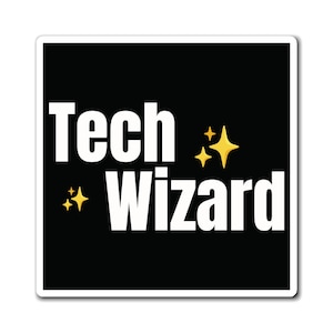 May include: Black square background with white text that reads "Tech Wizard" with gold stars on either side of the text.