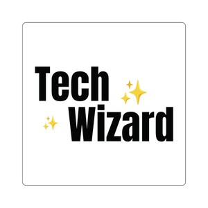 May include: Black and white text on a white background that reads "Tech Wizard" with gold stars on the right side of the text.