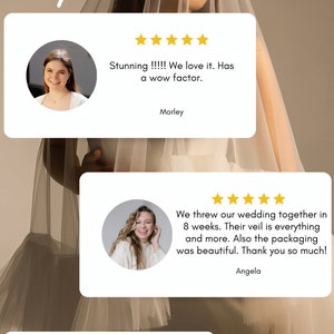 May include: Three customer reviews with five-star ratings for a wedding veil. The reviews highlight the veil's beauty, quality, and fast shipping. "Stunning!!! We love it. Has a wow factor." - Morley. "We threw our wedding together in 8 weeks. Their veil is everything and more. Also the packaging was beautiful. Thank you so much!" - Angela. "Alyssa"