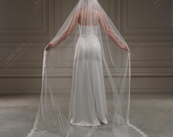 Elegant Cathedral Lace Veil, One Tier Long Wedding Veil, Ivory Bridal Veil with Lace Trim, Custom Length Soft Tulle Wedding Accessory