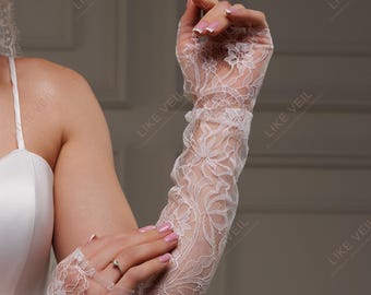 Long Lace Wedding Gloves, Bridal Sleeves with Lace Border, Neck Trim for Wedding Dress, Sheer Bridal Accessory, Romantic Wedding Detail