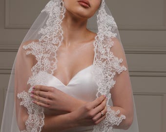 Cathedral Beaded Lace Wedding Veil, Spanish Mantilla Bridal Veil, One Layer Lace Trim Veil, Catholic Church Long Wedding Accessory, Custom