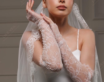Lace Bridal Sleeves and Neck Trim, Wedding Sheer Detachable Gloves, Personalized Ivory Wedding Separates, Romantic Lace Accessory