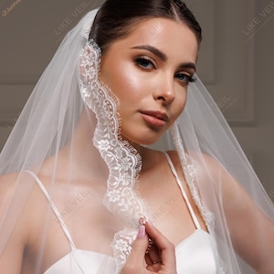 May include: A white bridal veil with a delicate lace trim. The veil is sheer and flowing, and the lace is intricate and elegant.