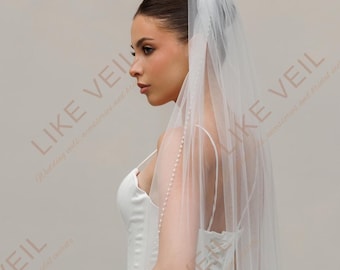Pearl Beaded Wedding Veil One Layer | Crystal Edge Bridal Ivory Tulle - Fingertip Elegant Handmade