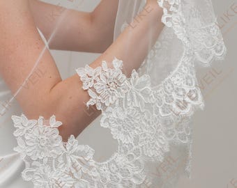 Two Tier Beaded Lace Wedding Veil | Cathedral Blusher Bridal Ivory - Embroidered Edge Both Layers