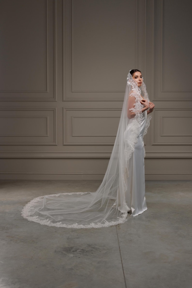 May include: A white bridal veil with a detailed lace edge and a long train. The veil is worn with a white satin wedding dress. The bride is standing in front of a neutral wall.