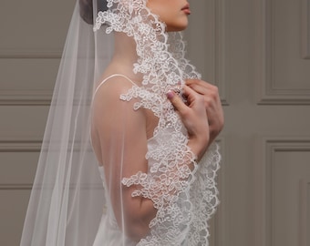 Spanish Mantilla Wedding Veil with Beaded Lace, One Tier Cathedral Bridal Veil, Long Lace Edge Veil, Catholic Church Bridal, Custom Length