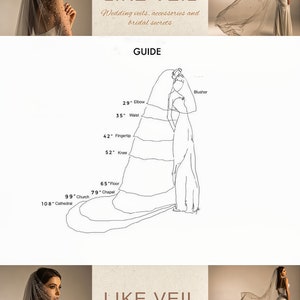May include: A wedding veil with pearl detailing and a guide showing different lengths: elbow (74 cm), waist (89 cm), fingertip (107 cm), knee (132 cm), floor (165 cm), chapel (201 cm), church (251 cm), and cathedral (274 cm). The text "LIKE VEIL" is also visible.