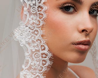 Mantilla Lace Wedding Veil One Layer | Spanish Style Chantilly Bridal - Eyelash Trim Ivory Elegant