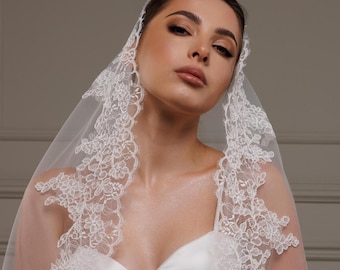 Spanish Mantilla Wedding Veil, One Tier Cathedral Lace Bridal Veil, Long Lace Edge Veil, Catholic Church Bridal Accessory,Custom Length Veil