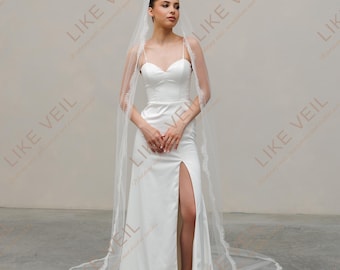 One Tier Cathedral Wedding Veil, Lace Trim Bridal Veil, Long Soft Tulle Ivory Veil, Elegant Spanish Style Wedding Accessory,Custom Size Veil