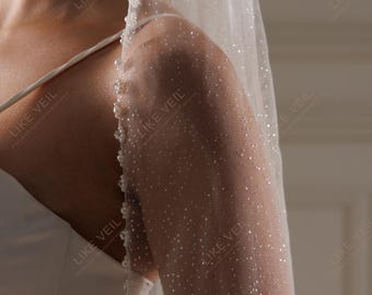 Cathedral Glitter Veil, One Tier Beaded Edge Bridal Veil, Long White Sparkle Wedding Veil, Pearl Trim Wedding Accessory, Custom Size Veil
